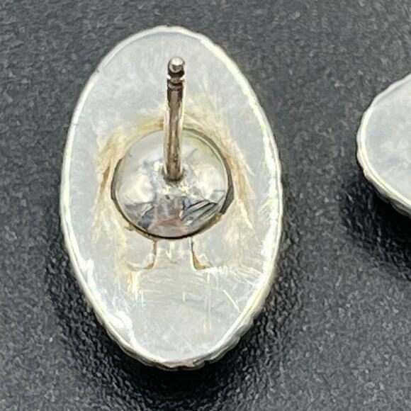 Signed Sterling Silver Turquoise Oval Rope Bezel Post Stud Earrings 17mm - Picture 6 of 14